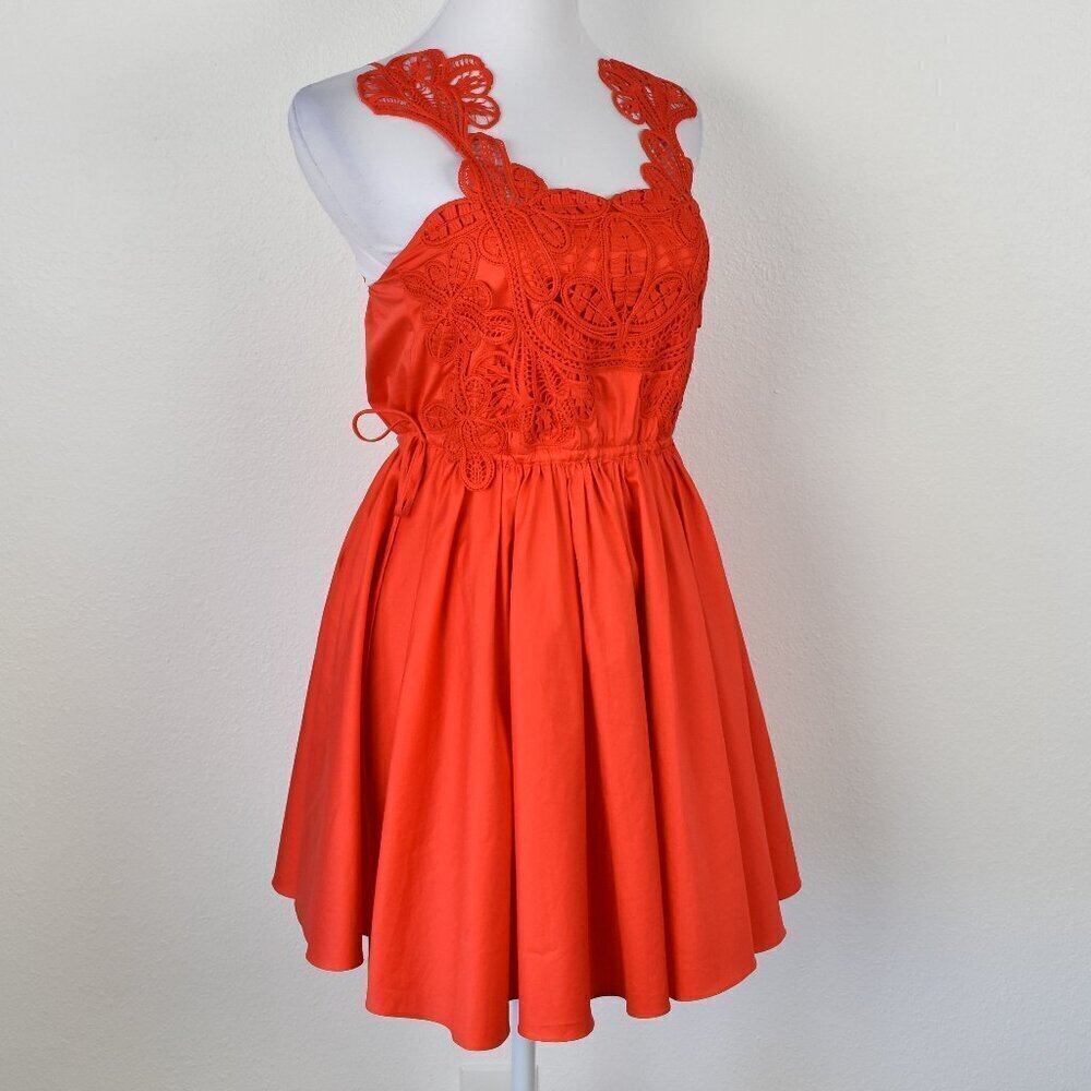 Self-Portrait Red Macrame Lace Organic Cotton Mini Dress Red - 0 - Picture 7 of 11